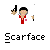 Pixel art of a character in white lab coat with red accents holding two guns, standing next to a cloud on gray background with 'Scarface' text below.