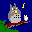 Pixelated gray creature with red mouth and yellow beak-like nose sits on brown branch holding white candle, surrounded by blue background with green foliage and floating musical notes.