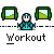 Pixel art character in blue outfit with white face and purple eyes, positioned among green landscape icons on gray background beneath "Workout" text.