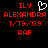 Red pixelated text on black background with white heart symbol above 'ALEXANDRA' and date '1/19/09' below, 'AAF' at bottom.
