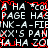 Pixelated text repeats across a black background with red glitch artifacts, showing phrases like 'HA HA' and 'PAGE HAS' in white blocky characters.