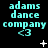 Cyan text reading 'adams dance company' with '<3' below, displayed in a on black background; white plus signs and stars animate across the