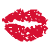 Red pixelated lips icons in various sizes and positions on white background with one icon featuring text and hearts.