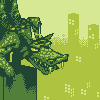 Pixel art of a green dragon head emerging from foliage against a light yellow background with pixelated city buildings.