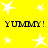 Yellow background with white stars and repeated 'YUMMY!' text in dark blue pixelated font.