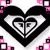 Two mirrored black heart shapes with white inner outlines and gray eyes, surrounded by pink and purple pixelated squares on a white background.