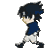 Pixel art contact sheet of a chibi character running in multiple frames with blue shirt, white shorts, and black hair against gray background.
