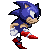 Six pixel-art frames of a blue anthropomorphic hedgehog in running poses with red shoes and white gloves against gray background.