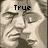 Pixelated grayscale image of a stone-carved face with closed eyes, showing two states: 'True' text above left face and 'Love' text above right face.