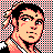 Pixelated 48x48 static buddy icon featuring a character with black hair, peach skin tone, and red accents against a checkered background.