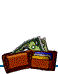 Animated sequence showing a brown wallet with blue and yellow contents and green dollar bills moving in and out of view.
