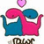 Two pink and blue dinosaurs embrace under a pink heart, with 'm' text below; one version has a heart above the dinosaurs.