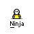Pixel art ninja character in yellow and black with white face, shown in multiple poses including standing, holding a sword, and interacting with another figure.