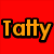 Six -aligned display the word "Tatty" in distinct color combinations with black outlines on solid backgrounds
