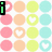 Pixelated of pastel circles with heart cutouts and green text elements on a white background
