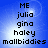 Blue background with white light gradient displays black pixelated text listing names vertically.