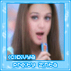 six identical frames showing a person with long brown hair holding a blue and orange object near their mouth against a light blue background with text overlays