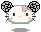 Pixelated cartoon head with black mouse ears, pink bow, and green base, showing two eye states and two mouth states
