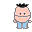 Pixelated cartoon character with light skin, black spiky hair, and blue pants in six sequential poses showing mouth movements.