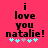 A pink background displays black text reading 'i love you natalie!' with cyan and gray plus signs below, showing two animation frames where the plus sign positions shift.