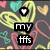 Pixelated icon with yellow hair, heart symbols, and text reading 'my ffs' on a dark background with pink and teal accents.