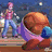 Pixelated cartoon character in red overalls and blue shirt stands on a platform with orange sphere, pink figure behind.