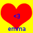 Two identical red heart shapes on a yellow background, each containing blue '<3' and 'emma' text.