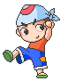 Pixel art character in orange shirt and blue shorts performing sequential martial arts poses with green shoes and light blue headband with pink top.