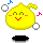 Yellow pixelated character with rounded shape, two small ears on top, red blush marks, and a smiling mouth. Blue and pink musical notes float near the head.