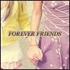 Two figures in yellow and purple clothing hold hands with a 'FOREVER FRIENDS' text overlay on a pixelated background.