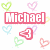 Pixelated icon with pink text 'Michael' in a rectangular frame surrounded by multicolored heart shapes on white background.