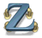 Blue stylized Z with golden circular accents on a gray background, displayed in six positions showing sequential animation frames