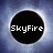 A circular black icon with white pixelated text "SkyFire" centered on a blue and gray gradient background.