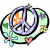 A pixelated animated buddy icon featuring a peace symbol surrounded by flowers and hearts on the left, with green text reading "Original Icons .com" on a dark green background to the right.