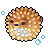 Pixelated circular icon of a pufferfish with brown and beige spines, black eyes, light blue mouth area, and three small blue bubbles on gray background.
