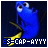 Blue cartoon character with large eyes and yellow fins on dark background, text "ES-CAP-AYYY" at bottom.