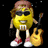 Pixelated yellow character with sunglasses and red sneakers plays guitar against black background with blue text.