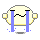 Pixelated circular icon with cream face, black eyebrows, blue tears streaming down, yellow side accents, gray base, and scattered blue droplets.