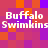 Pixelated text 'Buffalo Swimkins' repeated across a of red and purple squares with orange accents