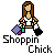 Pixel art icon of a female character with brown hair holding shopping bags, below text reading "Shoppin Chick" in blocky font.