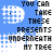 Pixelated text-based animation with blue, pink, and green sections displaying phrases about Christmas presents under a tree.