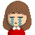 Pixelated character with brown shoulder-length hair, closed eyes, and blue tears streaming down a red dress with white collar.