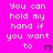 A static image with bright pink background displaying repeated white pixelated text "You can hold my hand if you want to" and small black heart symbols.