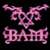 Two side-by-side animated frames of a buddy icon featuring pink stylized text on black background and a pixelated person in white top.