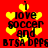 Red background with yellow hearts and black text reading 'I love soccer and BTSA DPPS' in pixelated font, repeated across the image.