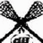 Black and white pixelated icon with four diagonal arms forming an X shape, each arm ending in a textured pattern resembling a lacrosse stick head.