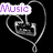 A collage of music-themed icons with text fragments, featuring headphones forming a heart shape and various musical instruments.