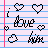 Pixelated text and heart symbols on lined paper with a pencil overlay, showing repeated 'i love him' phrases.