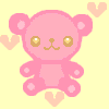 Two pink pixelated teddy bears with golden eyes and small brown noses sit against a pale yellow background, surrounded by light pink hearts.