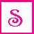 Pixelated pink 'S' symbol with spiral tail on white background, framed by solid pink border.